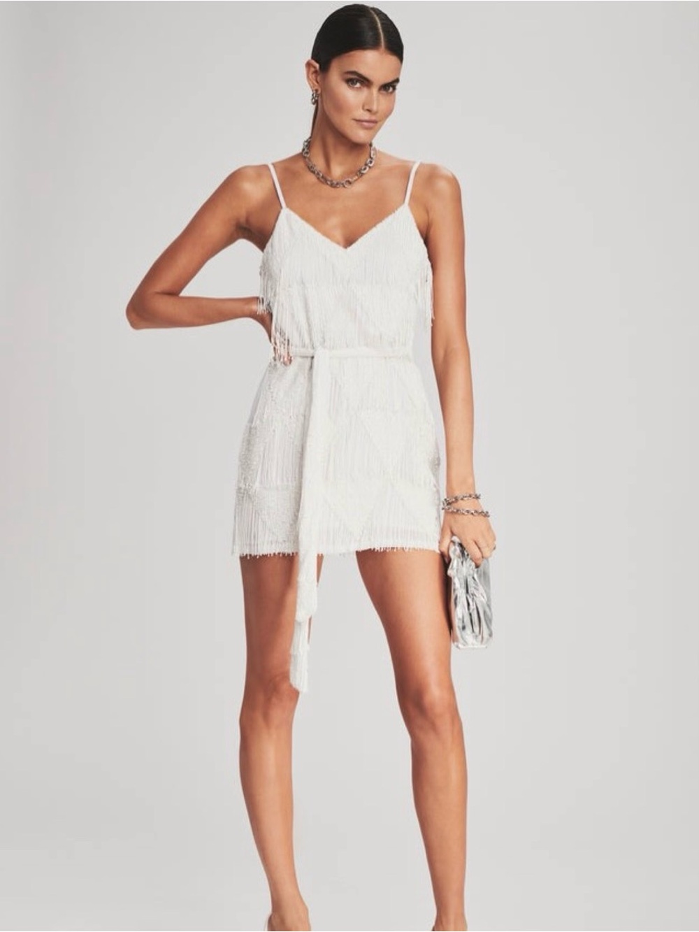Retrofête White Fringe Spaghetti-Strap Mini Dress